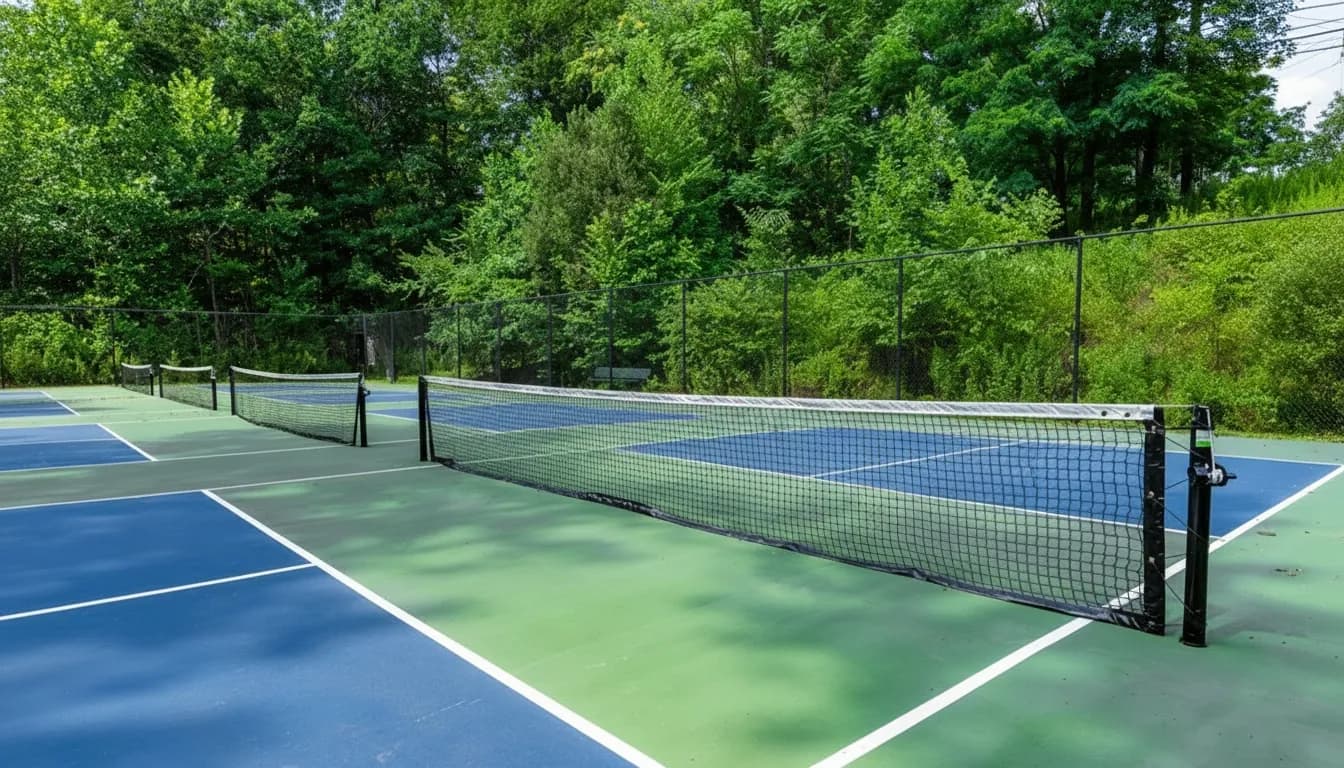 Multiple outdoor pickleball or tennis courts with blue and green surfaces and black nets, surrounded by lush green trees.