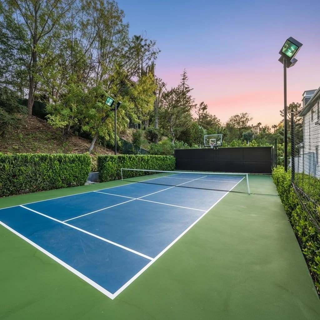 A vibrant blue and green outdoor multi-sport court with a tennis net and basketball hoop, illuminated by floodlights under a sunset sky.